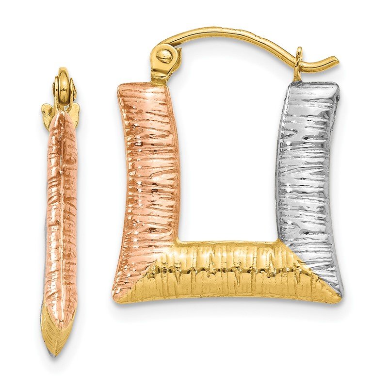 14K &amp; White &amp; Rose Rhodium Hollow Textured Square Hoop Earrings