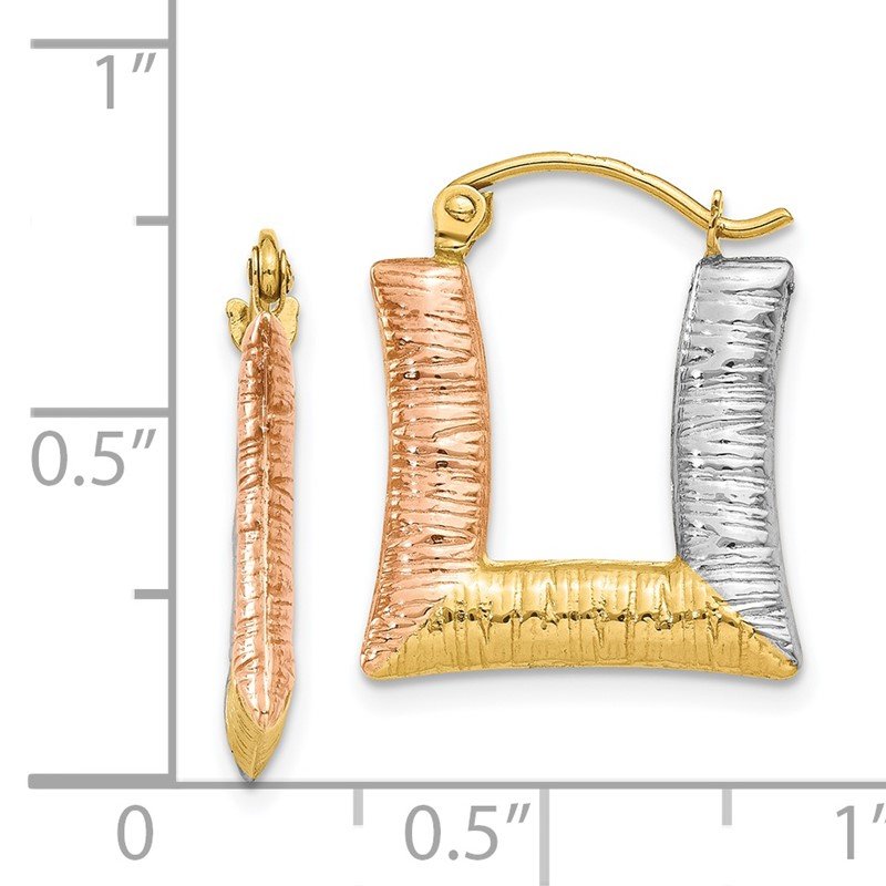 14K &amp; White &amp; Rose Rhodium Hollow Textured Square Hoop Earrings