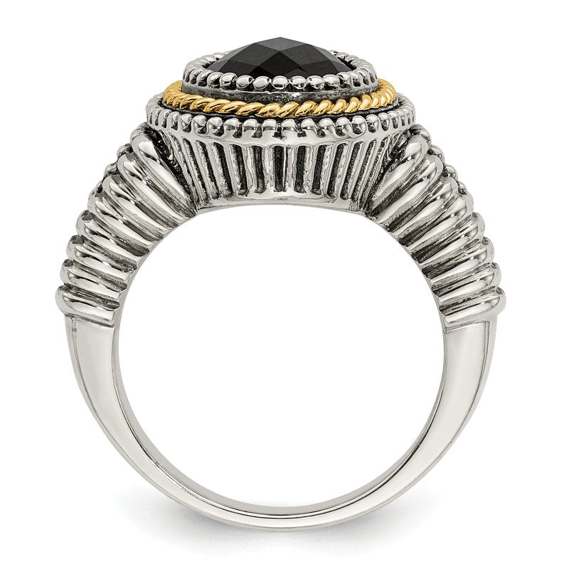 Sterling Silver with 14K Accent Antiqued Checkerboard-cut Black Onyx Ring