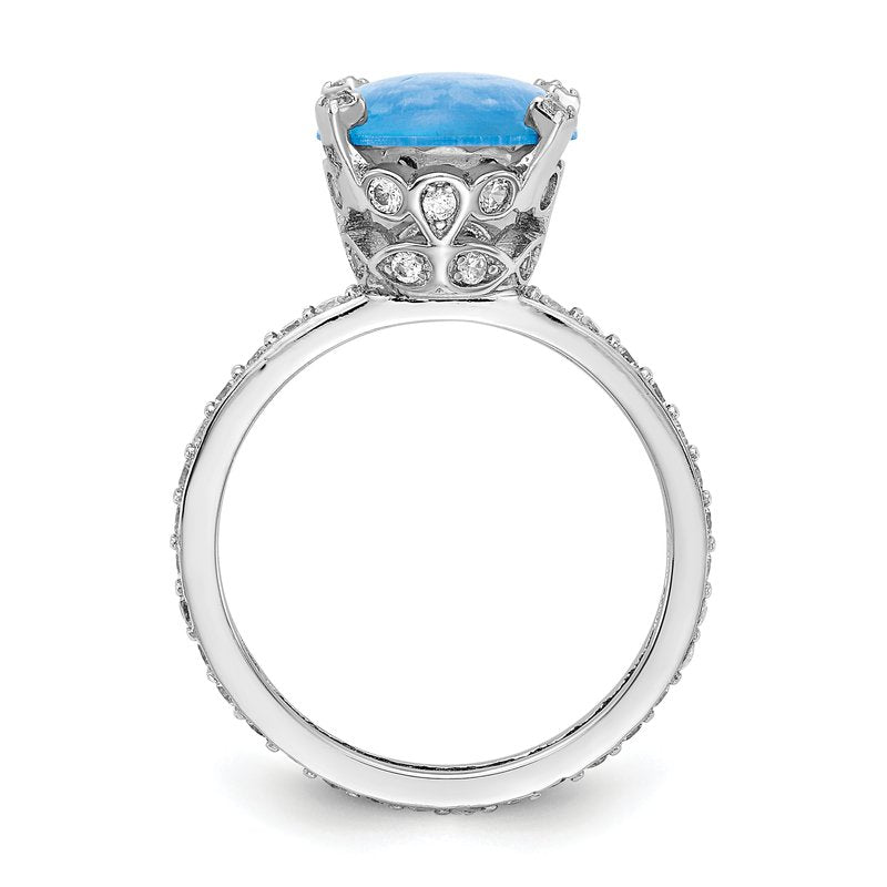Sterling Silver Rhodium-plated Cabochon Lab Created Blue Opal and Brilliant-cut CZ Oval with Side Stones Ring