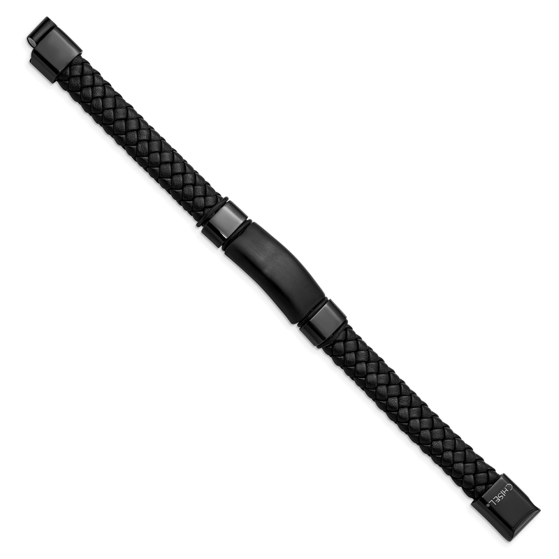 Stainless Steel Brushed and Polished Black IP-plated Braided Black Leather 8.25 inch Bracelet