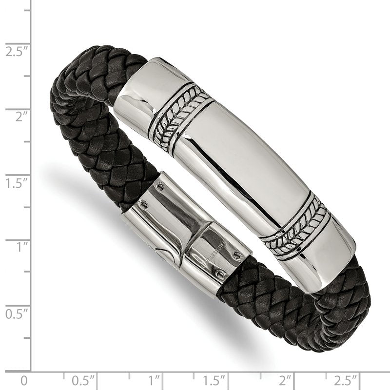 Stainless Steel Antiqued and Polished Braided Black Leather 8.25 inch ID Bracelet