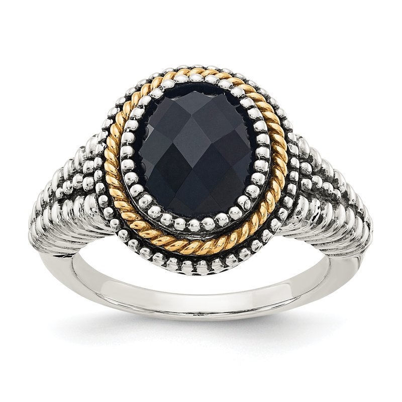 Sterling Silver with 14K Accent Antiqued Checkerboard-cut Black Onyx Ring