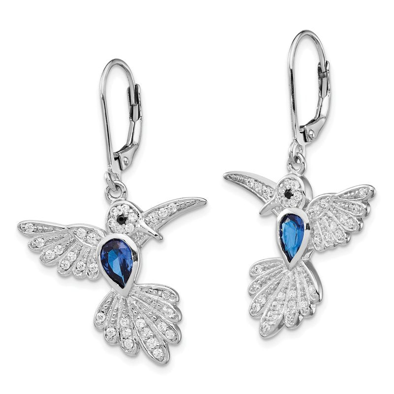 Sterling Silver Rhodium-plated Brilliant-cut Lab Created Dark Blue Spinel and Brilliant-cut White CZ Hummingbird Leverback Dangle Earrings