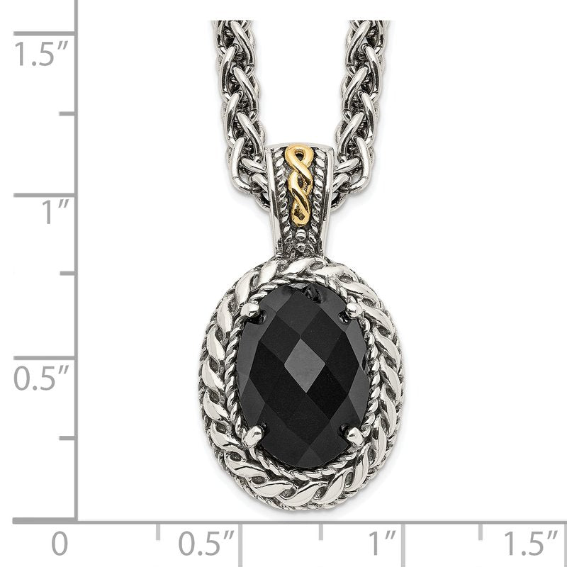 Sterling Silver with 14K Accent 18 Inch Antiqued Checkerboard-cut Black Onyx Necklace