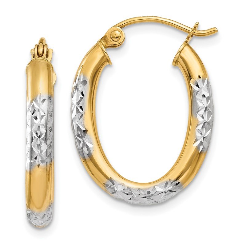 14K &amp; Rhodium 3mm Diamond Cut Oval Hollow Hoop Earrings