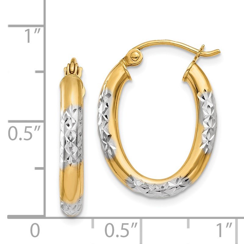 14K &amp; Rhodium 3mm Diamond Cut Oval Hollow Hoop Earrings