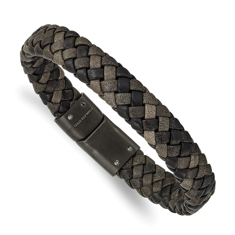 Stainless Steel Brushed Gun Metal IP-plated Brown Braided Leather 8.25 inch Bracelet
