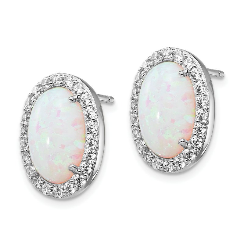 Sterling Silver Rhodium-plated Cabochon Lab Created Opal and Brilliant-cut CZ Oval Halo Post Earrings