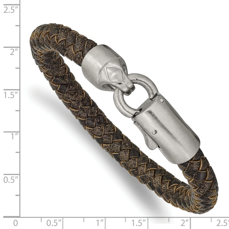 Stainless Steel Brushed Brown Braided Leather 8.25 inch Bracelet