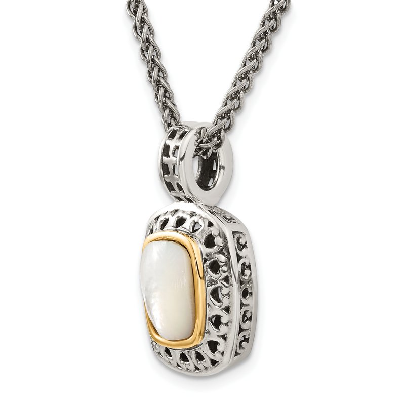 Sterling Silver with 14K Accent 18 Inch Antiqued Mother Of Pearl Necklace