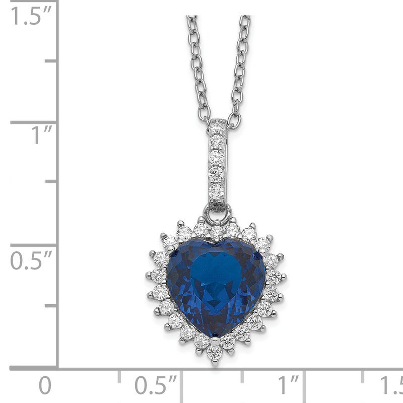 Sterling Silver Rhodium-plated 100 Facet Lab Created Dark Blue Spinel and Brilliant-cut White CZ Heart Halo 18 Inch Necklace