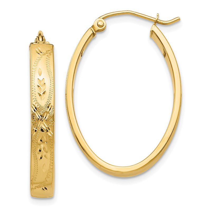 14k Satin &amp; Diamond-Cut Oval Hoop Earrings