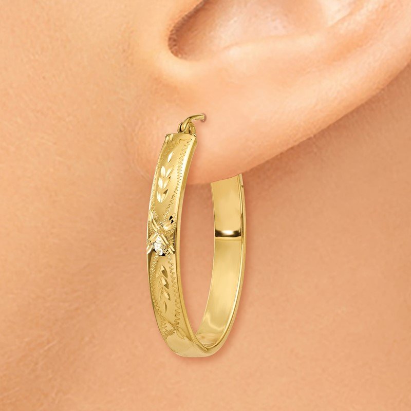 14k Satin &amp; Diamond-Cut Oval Hoop Earrings
