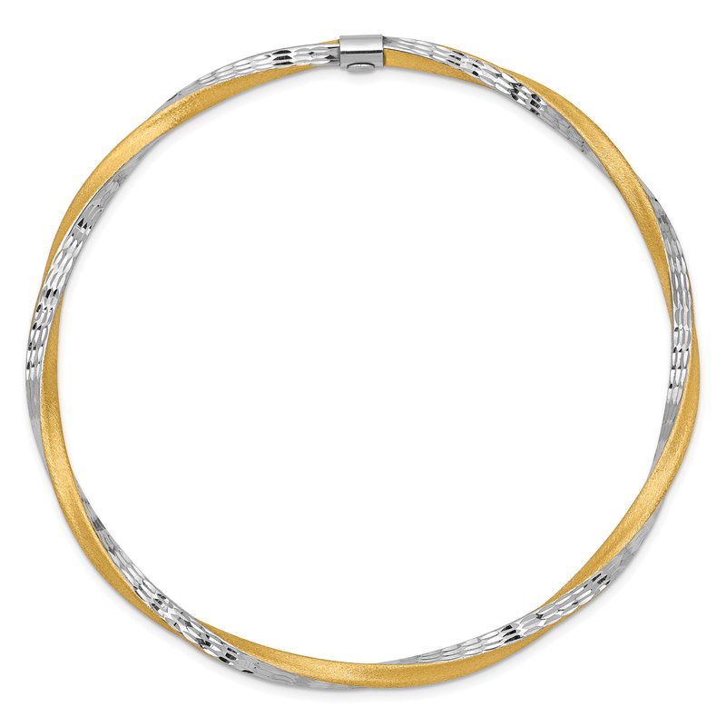 14k and White Rhodium Satin Finish Diamond-cut Twist 3.00mm Slip-on Round Bangle Bracelet