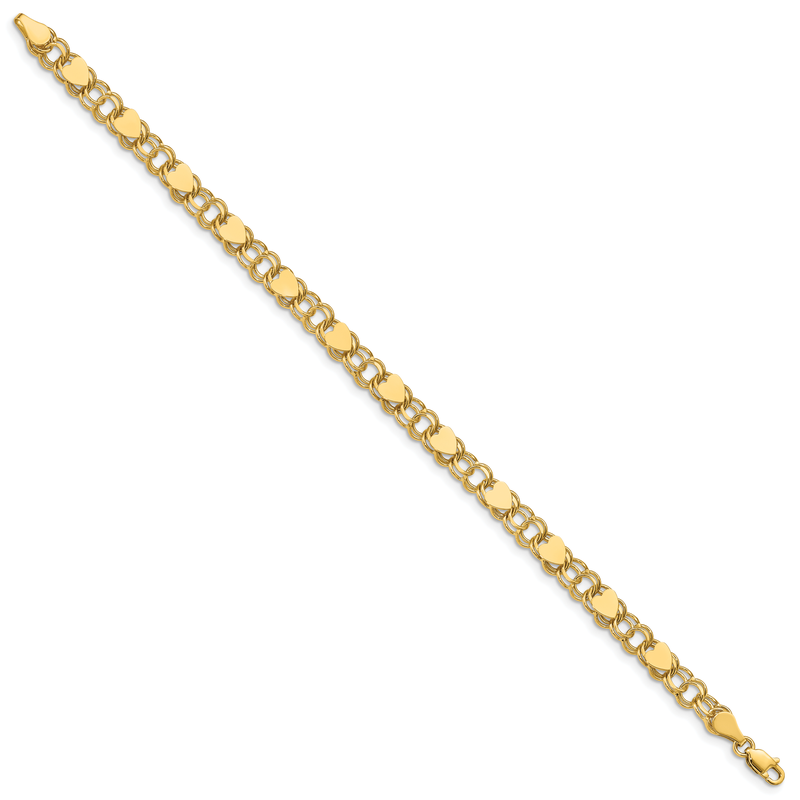 14k 6mm Solid Double Link with Hearts 7 inch Charm Bracelet