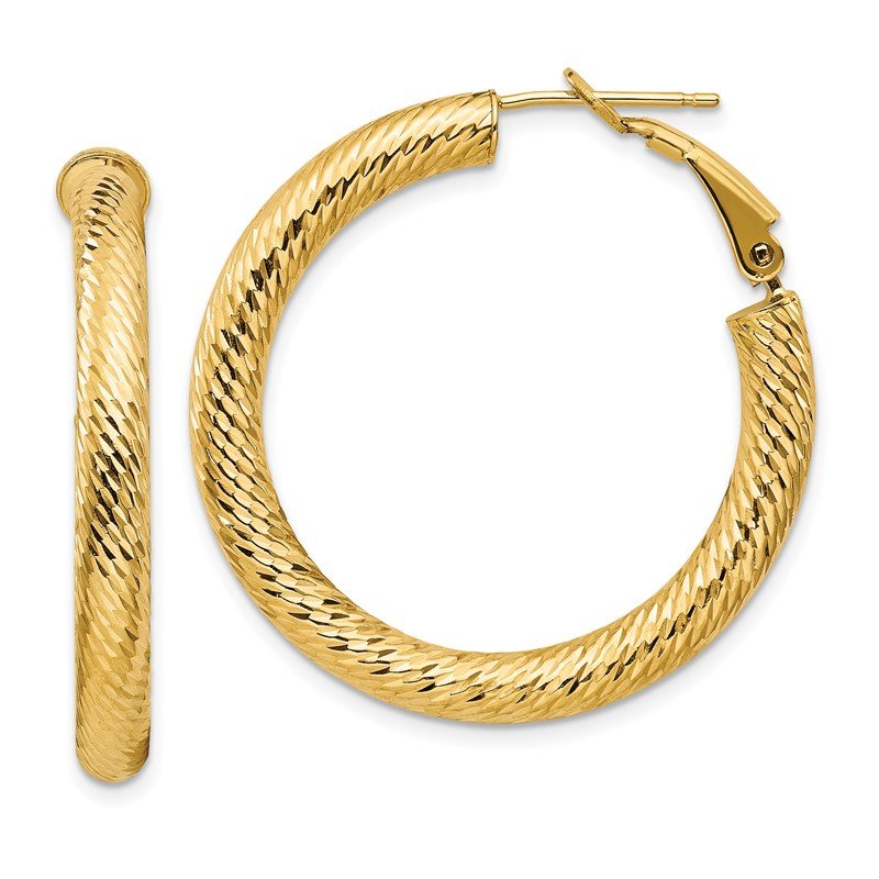14k 4x25mm Diamond-cut Round Omega Back Hoop Earrings