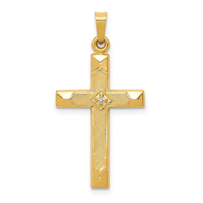 14k Textured and Polished Diamond Accent Cross Pendant