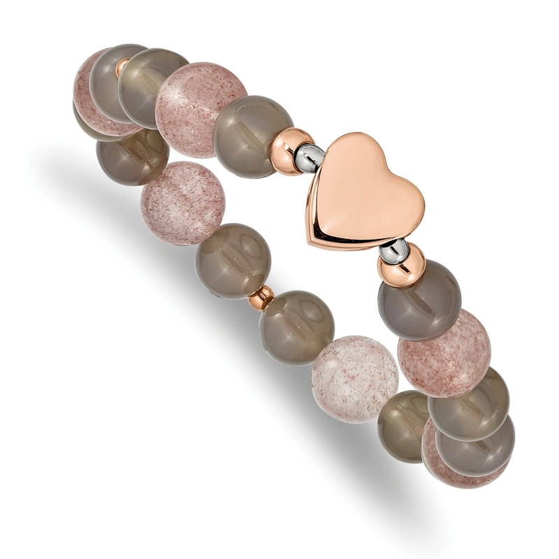 Stainless Steel Polished Rose IP-plated Heart 10mm Grey Agate and Strawberry Quartz Beaded Stretch Bracelet