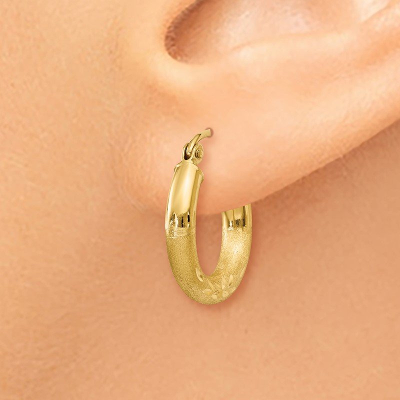 14k Satin and Diamond-cut 3mm Round Hoop Earrings