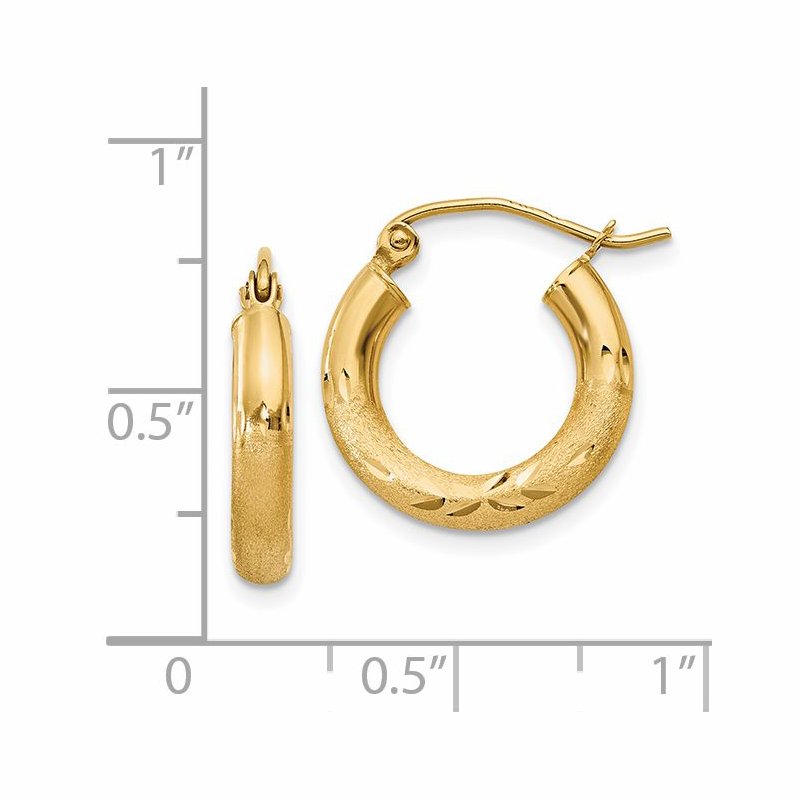 14k Satin and Diamond-cut 3mm Round Hoop Earrings