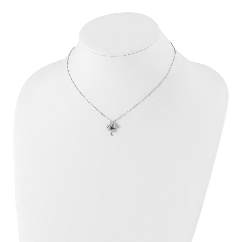 Sterling Silver Rhodium-plated Brilliant-cut Green Glass and Brilliant-cut White CZ Four Leaf Clover 15 Inch Necklace