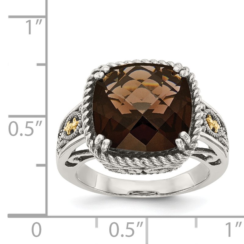 Sterling Silver with 14K Accent Antiqued Cushion Checkerboard Smoky Quartz Ring