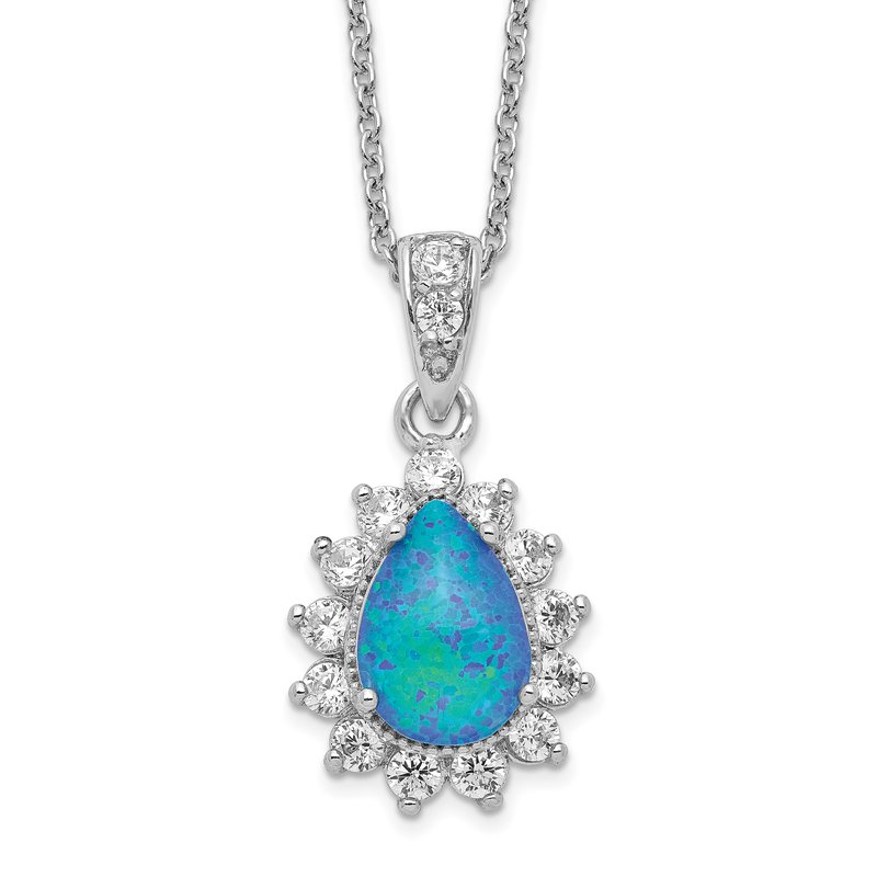 Sterling Silver Rhodium-plated Cabochon Lab Created Blue Opal and Brilliant-cut CZ Pear 18 Inch Necklace