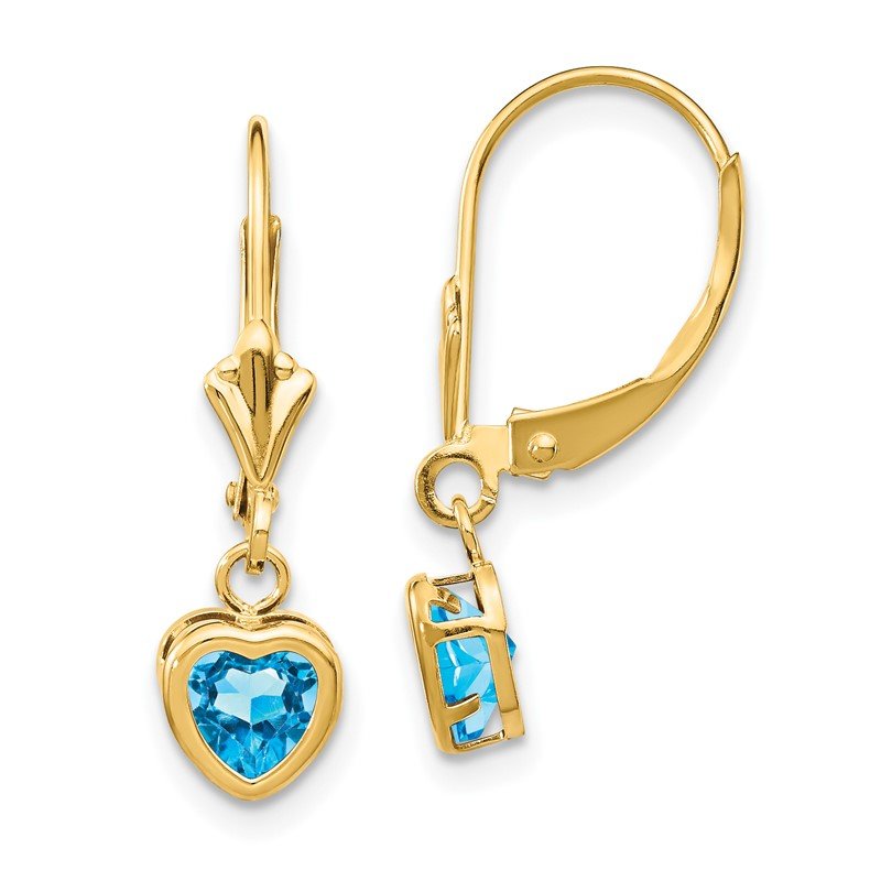 14k 5mm Heart Blue Topaz Bezel Leverback Dangle Earrings