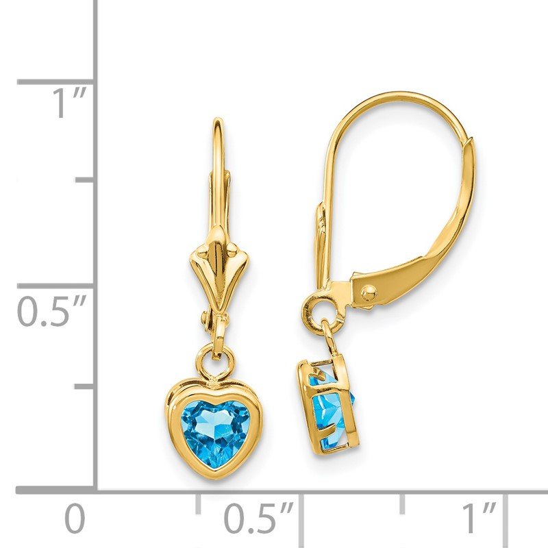 14k 5mm Heart Blue Topaz Bezel Leverback Dangle Earrings