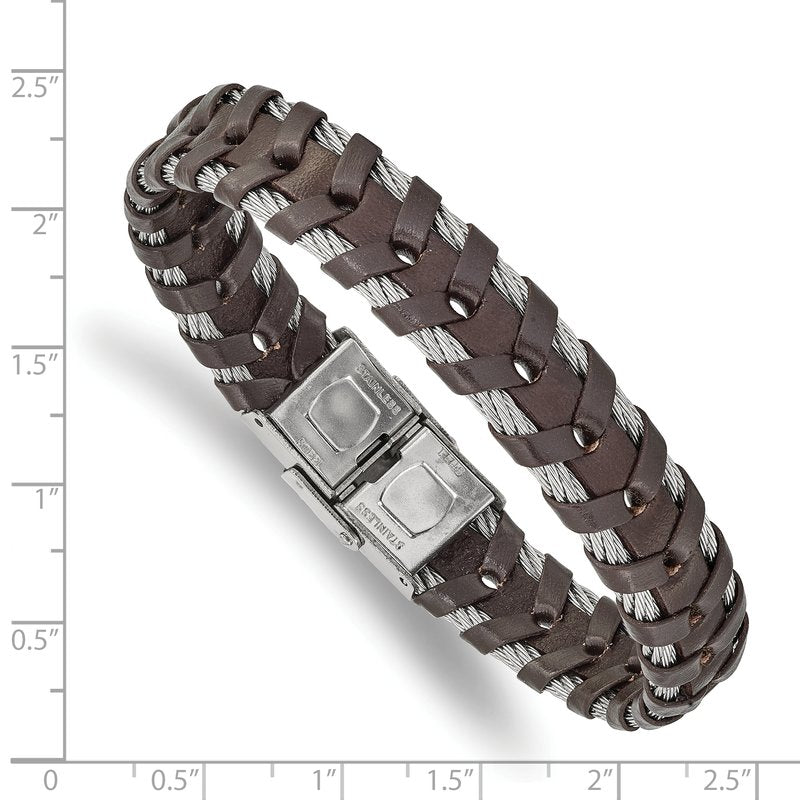 Stainless Steel Polished Cable and Brown Leather 8.25 inch Bracelet
