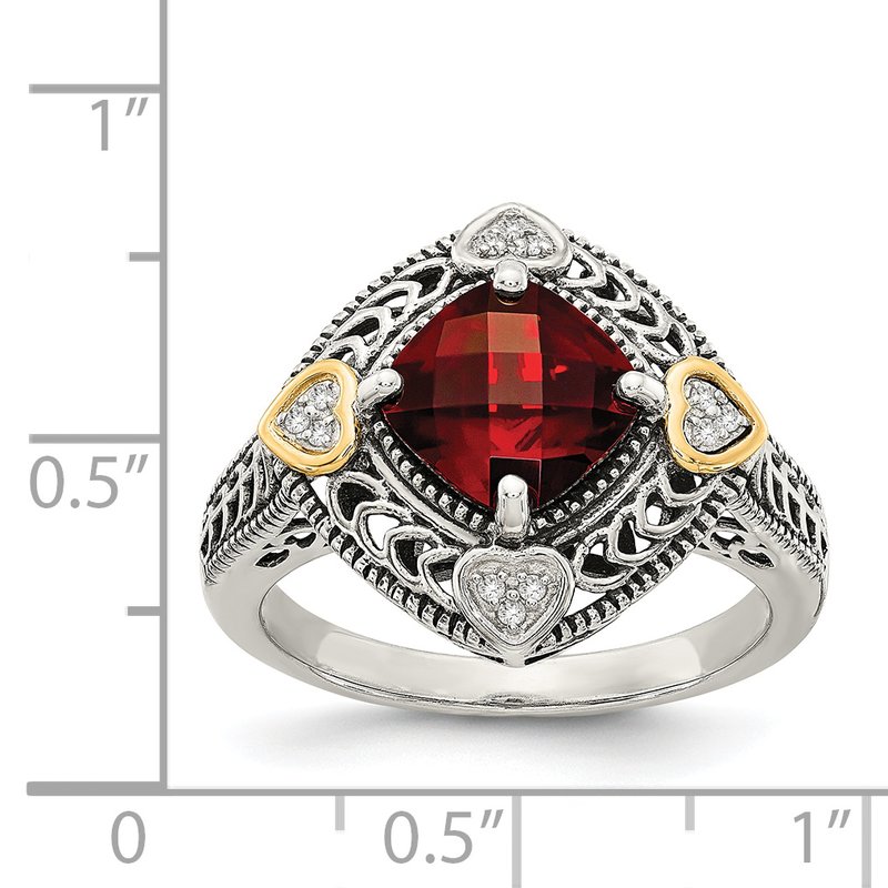 Sterling Silver with 14K Accent Antiqued Diamond and Checkerboard Cushion Garnet Ring