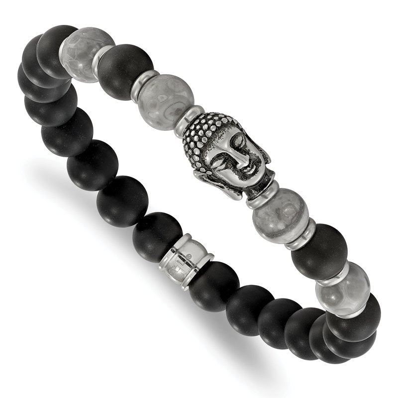 Stainless Steel Antiqued and Polished Buddha 8mm Black Agate and Grey Jasper Beaded Stretch Bracelet