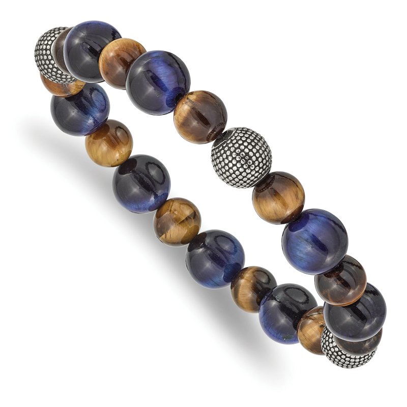Stainless Steel Antiqued and Polished 8-10mm Brown and Blue Tiger's Eye Beaded Stretch Bracelet
