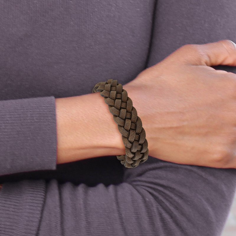 Stainless Steel Polished Brown Braided Leather 8.75 inch Bracelet