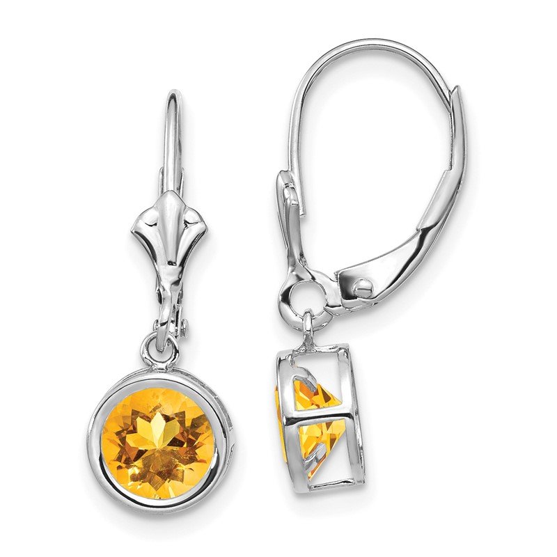 14k White Gold 6mm Round Citrine Bezel Leverback Dangle Earrings