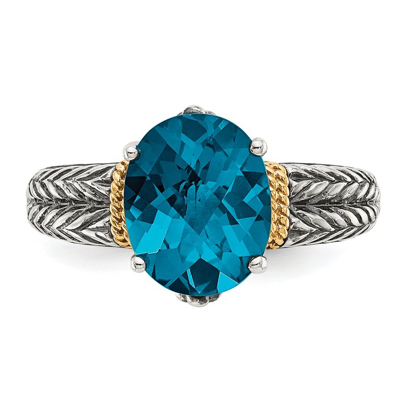 Sterling Silver with 14K Accent Antiqued Oval London Blue Topaz Ring