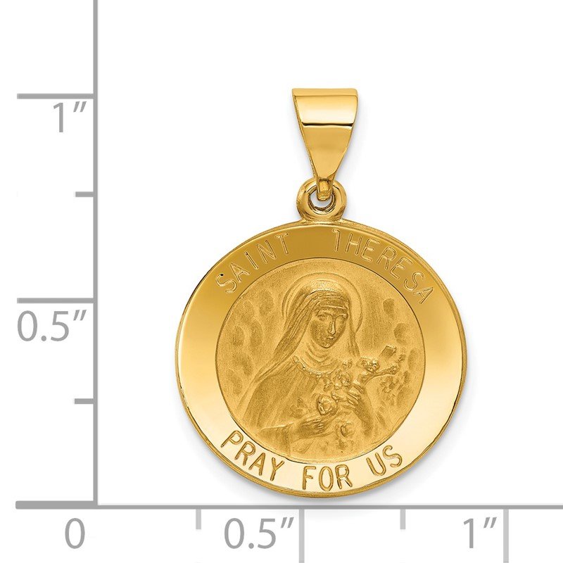 14k Polished and Satin Hollow St Theresa Medal Round Pendant