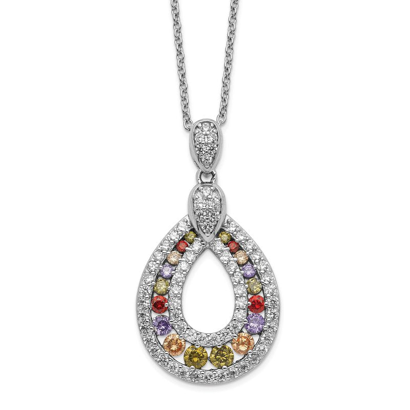 Sterling Silver Rhodium-plated Multi-color Brilliant-cut CZ Teardrop 18 Inch Necklace