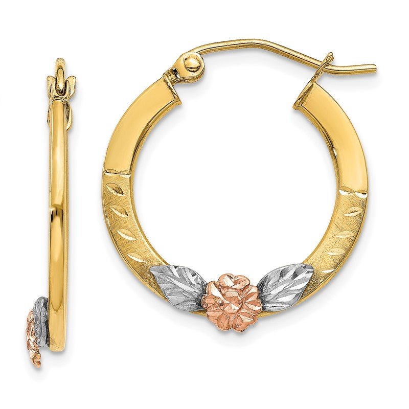 14K Yellow &amp; Rose Gold w/ Rhodium Diamond Cut Flower Hoop Earrings