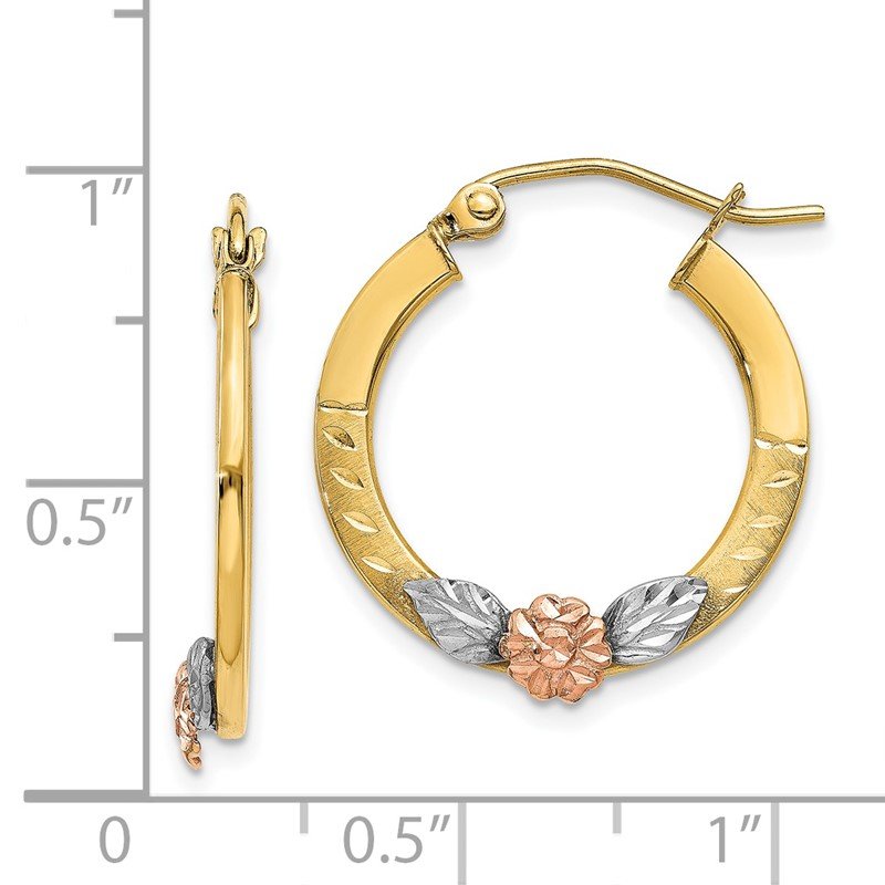 14K Yellow &amp; Rose Gold w/ Rhodium Diamond Cut Flower Hoop Earrings