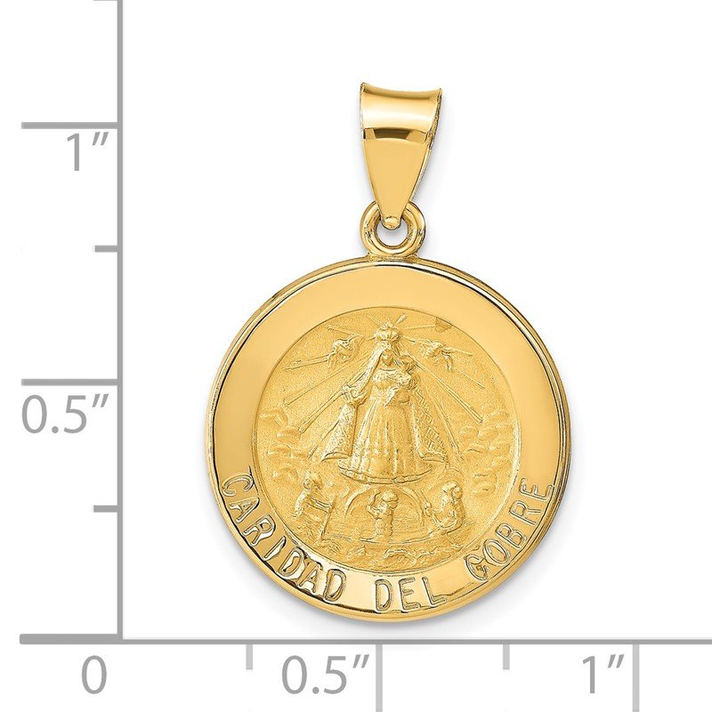 14k Polished and Satin Hollow Caridad Del Cobre Medal Round Pendant