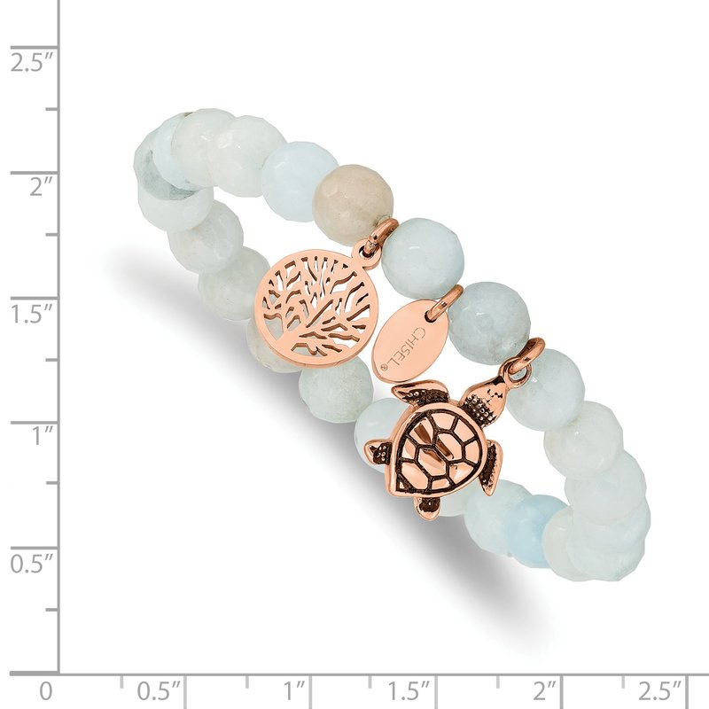 Stainless Steel Antiqued and Polished Rose IP-plated 8mm Blue/Grey Dyed Jade Beaded Stretch Bracelet