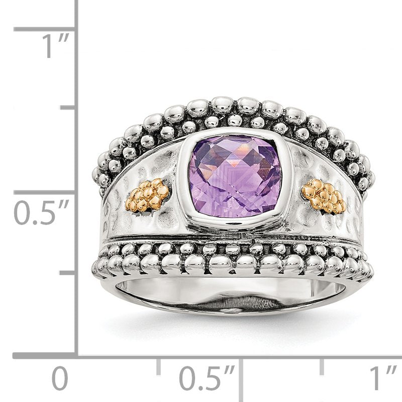 Sterling Silver with 14K Accent Antiqued Checkerboard-cut Cushion Bezel Amethyst Ring