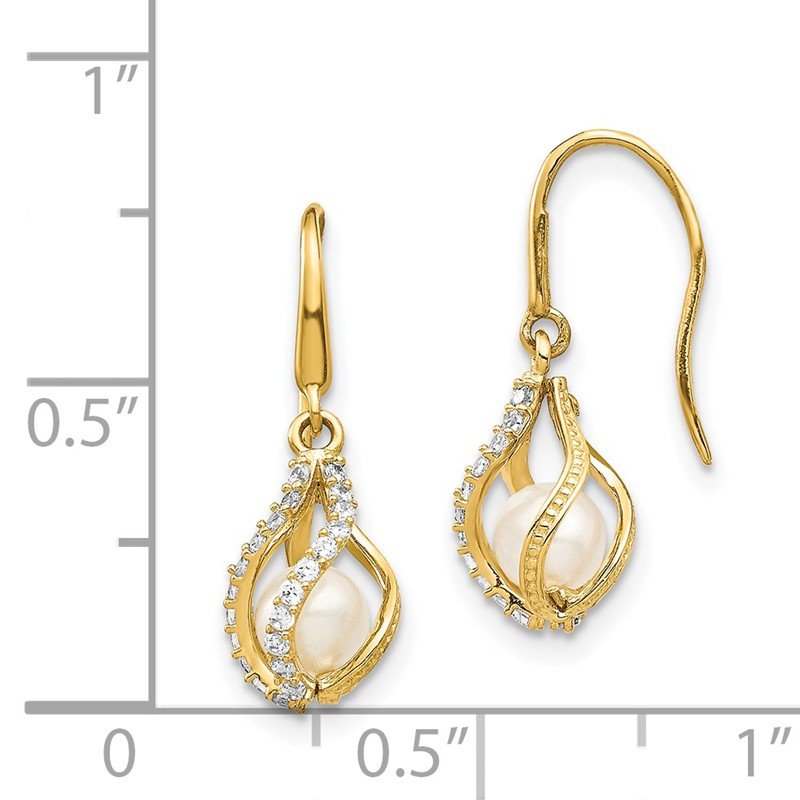 14k 4-5mm White Round Freshwater Cultured Pearl and CZ Cage Shepherd Hook Dangle Earrings