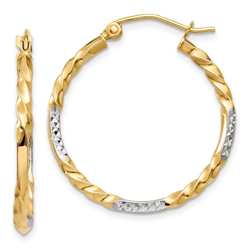 14k &amp; Rhodium Diamond Cut Twisted Hoop Earrings