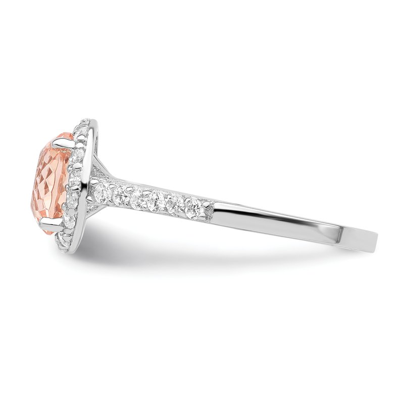 Sterling Silver Rhodium-plated 100 Facet Simulated Morganite and White Brilliant-cut CZ Halo Ring