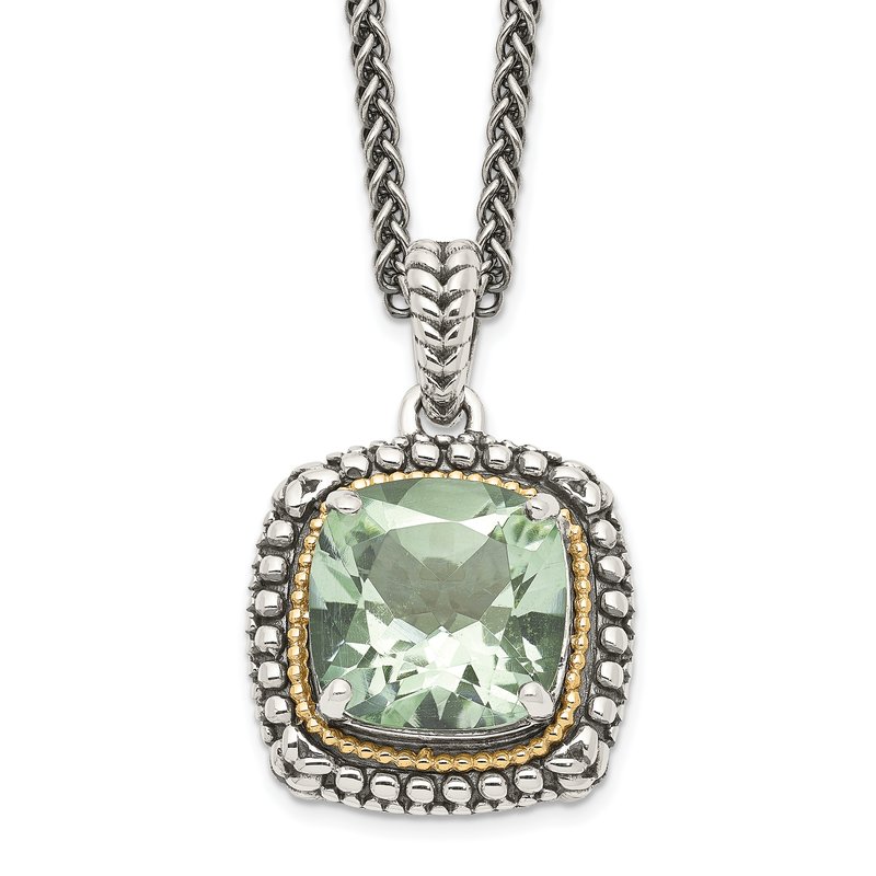 Sterling Silver with 14K Accent 18 Inch Antiqued Cushion Green Quartz Necklace