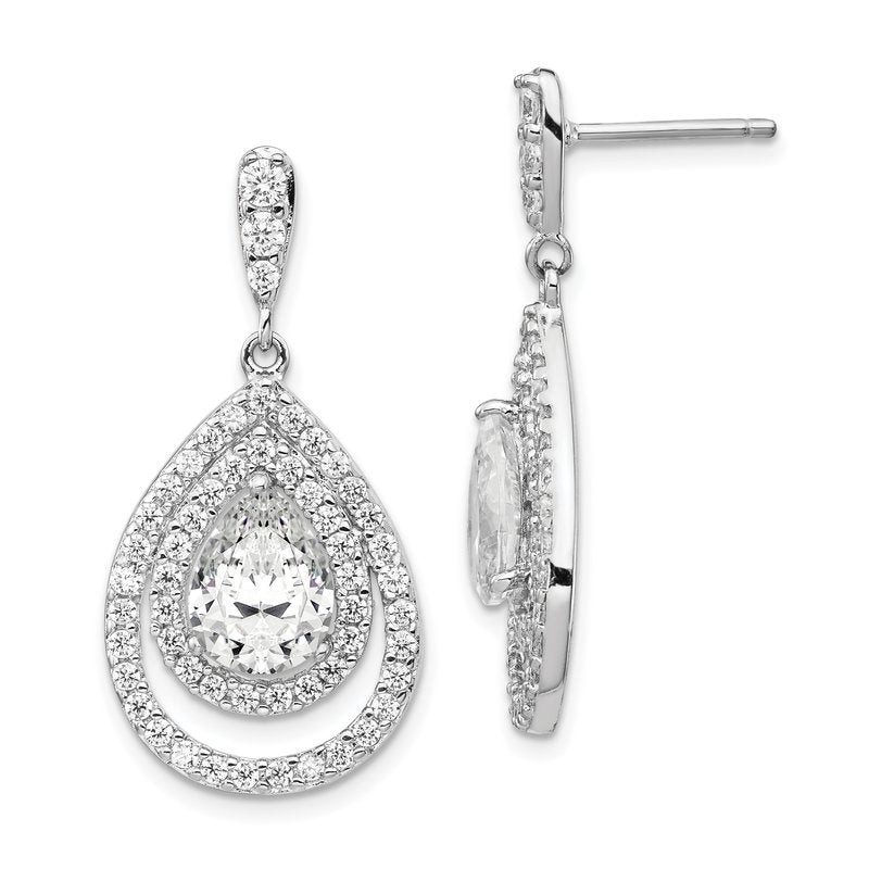 Sterling Silver Rhodium-plated Brilliant-cut Pear Shaped CZ Double Halo Post Dangle Earrings