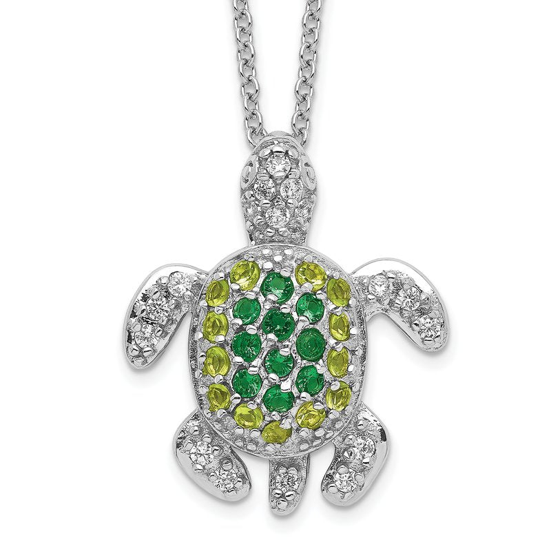 Sterling Silver Rhodium-plated Brilliant-cut Green Glass and Brilliant-cut White CZ Turtle 18 Inch Necklace
